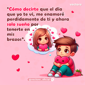 Ilustración tierna de un niño sentado en el suelo abrazando un cojín de corazón con rostro sonriente, mientras mira una burbuja de pensamiento flotante que muestra a una niña sosteniendo también un corazón rosa.