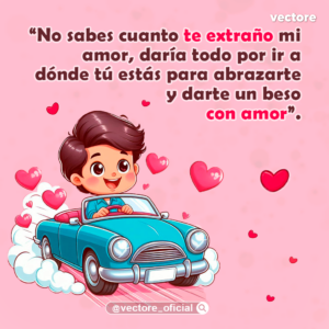 Dibujo de un niño alegre conduciendo un coche descapotable azul rodeado de corazones rosas flotantes. Imagen romántica sobre extrañar a tu pareja a distancia.
