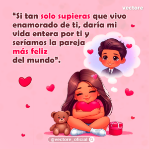 Dibujo animado de una niña sentada en el suelo abrazando un gran corazón rojo con los ojos cerrados, mientras imagina a un niño sonriente vestido de traje dentro de una nube de pensamiento sobre un fondo rosa con corazones.