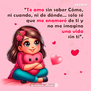 Caricatura tierna de una niña sentada con las piernas cruzadas que abraza fuertemente un cojín rosa con forma de corazón y rostro amigable, decorada con rosas rosadas en su diadema y un fondo pastel con corazones.
