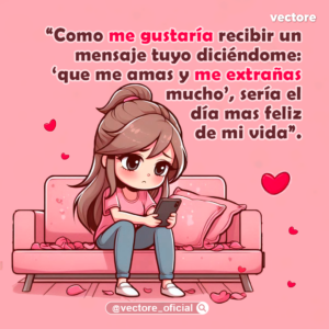 Ilustración de una niña con expresión triste y una coleta alta, sentada en un sofá rosa mientras revisa su teléfono celular, rodeada de pétalos de rosa caídos en el suelo y corazones flotantes.