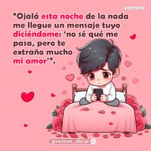 Dibujo animado de un niño con mirada triste sentado en su cama bajo las cobijas mientras sostiene un smartphone, rodeado de abundantes rosas rojas y corazones flotando sobre un fondo rosa suave.
