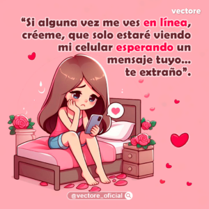 Ilustración nostálgica de una niña descalza sentada en la orilla de una cama con sábanas rosas, apoyando su rostro en la mano mientras mira fijamente la pantalla de su teléfono con corazones a su alrededor.
