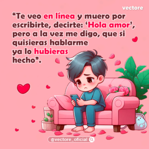 Caricatura de un niño con el cabello oscuro y expresión melancólica, sentado con las piernas encogidas en un sillón rosa mientras sostiene su celular, rodeado de pétalos caídos y plantas decorativas.