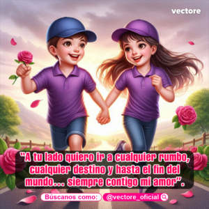 Ilustración animada de un niño y una niña con gorras y camisetas moradas corriendo felices y tomados de la mano por una carretera, rodeados de arbustos con rosas rosadas.