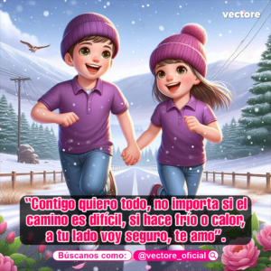 Dibujo digital de dos niños con chullos de lana y ropa invernal corriendo sonrientes tomados de la mano sobre una carretera nevada con montañas y pinos de fondo.