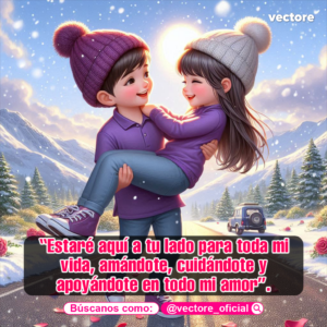 Ilustración romántica de un niño cargando en brazos a una niña en un paisaje invernal con nieve, ambos con chullos de lana, sonriendo frente a un fondo de montañas y un sol brillante.