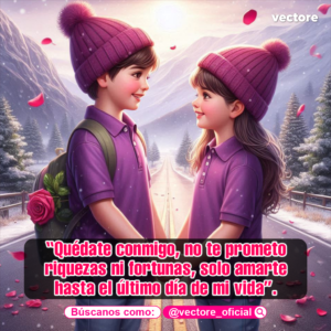 Arte digital de un niño con mochila y una rosa y una niña tomados de la mano mirándose fijamente en medio de una carretera nevada, rodeados de pinos y montañas bajo un cielo invernal.