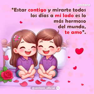 Dibujo animado de una pareja feliz sentada en la cama vestida con camisetas moradas junto a una rosa roja y pétalos. Imagen romántica de buenos días para parejas.