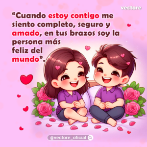 Pareja de niños animados sonriendo alegremente sentados en una cama rodeados de ramos de rosas rosadas en un fondo violeta. Tarjeta con mensajes de amor y felicidad.