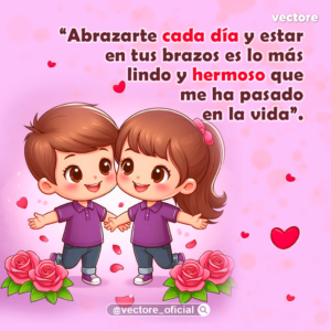 Arte digital caricaturesco de una pareja de niños chibi con camisetas moradas caminando de la mano y con los brazos abiertos en señal de alegría, acompañados por ramos de rosas rojas en el suelo.