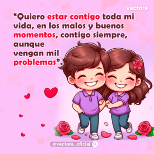 Ilustración animada de un niño y una niña en estilo chibi caminando juntos y sonriendo, con rosas rojas a sus pies y un fondo rosa pastel con corazones pequeños flotando.