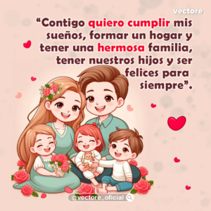 Dibujo animado de una familia feliz compuesta por el papá, la mamá y tres hijos pequeños sonriendo juntos, decorado con rosas rojas en la base y corazones flotantes sobre fondo beige.
