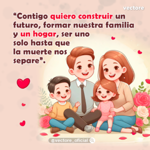 Ilustración infantil de una familia de cuatro integrantes sentados alegremente en el suelo rodeados de rosas rosadas y rojas, con un fondo decorado con un corazón rojo.