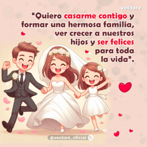 Caricatura tierna de una pareja vestidos de novios el día de su boda corriendo alegremente de la mano junto a su pequeña hija, con pétalos de rosas rosas flotando a su alrededor.