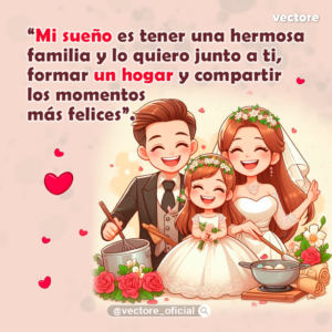Arte digital de una pareja con trajes de boda y su hija pequeña cocinando felices juntos en la cocina, rodeados de ollas, rosas rojas y corazones flotantes en un ambiente amoroso.