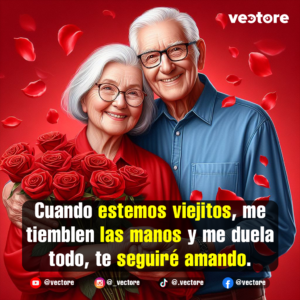 Ilustración digital de una pareja de ancianos felices y sonrientes con lentes. El tierno hombre de cabello blanco abraza a la mujer, quien sostiene un gran ramo de rosas rojas naturales, rodeados de pétalos flotantes sobre un fondo rojo.