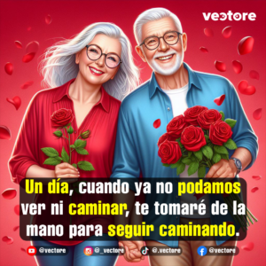 Una pareja de viejitos sonrientes caminando de la mano con ropa casual. La mujer lleva una rosa roja individual y el hombre sostiene un ramo completo de rosas rojas; de fondo se aprecian pétalos flotando en una atmósfera cálida y rojiza.