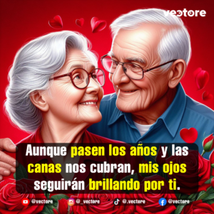Primer plano romántico de una pareja de la tercera edad con canas y lentes mirándose fijamente con amor y ternura. En la parte inferior se aprecian rosas rojas y el fondo es de un color rojo intenso con pequeños corazones flotantes.