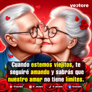 Primer plano de un tierno anciano dándole un beso en la mejilla a su esposa anciana, ambos con lentes y cabello blanco. La composición está decorada con rosas rojas en la base y pequeños corazones rojos en un fondo iluminado.