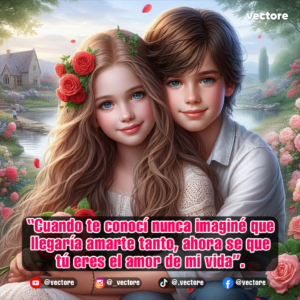Ilustración detallada de un niño abrazando cariñosamente a una niña de ojos azules que sostiene un ramo de rosas, con un paisaje idílico de una casa de campo junto a un río de fondo.