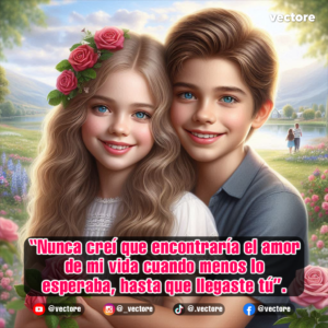 Dibujo digital de una hermosa pareja infantil abrazada a la orilla de un lago; la niña tiene rosas en el cabello y el niño sonríe cálidamente en un paisaje soleado con flores silvestres.