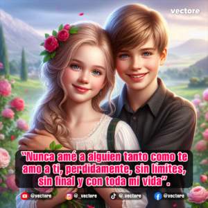 Composición romántica de un niño sonriente abrazando afectuosamente a una niña de cabello largo adornado con rosas rojas, con un fondo de colinas verdes y un jardín floral.