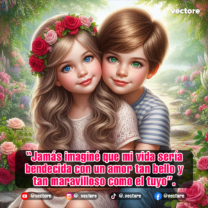 Arte tierno de un niño de ojos verdes abrazando por la espalda a una niña con una corona de rosas rojas y rosadas en el cabello, rodeados por un camino lleno de arbustos con flores.