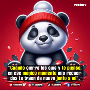 Imagen digital de un adorable oso panda con los ojos cerrados y una expresión de felicidad, usando un gorro de lana con franjas rojas y blancas, sentado pacíficamente entre hojas oscuras y pétalos de rosa rojos.