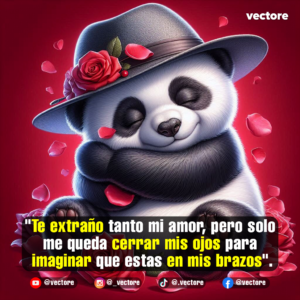 Ilustración tierna en 3D de un oso panda sonriente con los ojos cerrados que lleva un sombrero elegante de color gris oscuro decorado con una rosa roja, rodeado de pétalos flotando sobre un fondo rojo.
