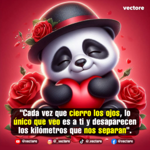 Dibujo romántico de un pequeño oso panda con un sombrero negro adornado con una cinta roja y una rosa, abrazando cariñosamente un gran corazón rojo brillante en medio de un jardín de rosas rojas.