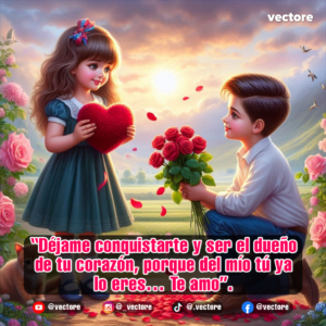 Ilustración de un niño arrodillado ofreciendo un ramo de rosas rojas a una niña que sostiene un corazón de felpa rojo, en un hermoso campo al atardecer rodeado de flores y pétalos flotando.