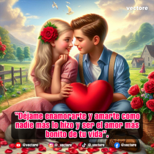 Imagen romántica de un niño y una niña sentados en un picnic mirándose fijamente con un cojín de corazón rojo entre los dos, decorado con pétalos esparcidos y un paisaje rural de fondo.