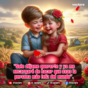 Arte digital de una feliz pareja infantil riendo a carcajadas sentados en un campo de trigo, apoyados sobre un gran cojín en forma de corazón rojo y rodeados de rosas.