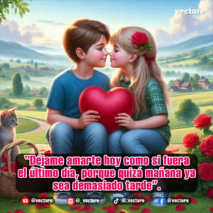 Tierna ilustración de un niño y una niña sentados juntos en el campo sosteniendo un gran corazón rojo entre ambos, a punto de darse un beso de esquimal con un tierno gatito al lado.