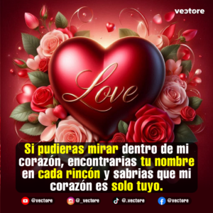 Un gran corazón tridimensional de color rojo oscuro satinado con la palabra "Love" escrita en letras doradas cursivas en el centro. El corazón está rodeado por un elegante arreglo de rosas rojas y rosadas con hojas verdes.