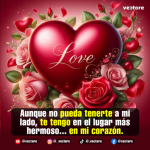 Diseño romántico centrado en un gran corazón rojo brillante con la palabra "Love" en tipografía dorada elegante. El corazón está enmarcado por rosas rojas, rosas rosa pastel, hojas verdes y destellos de luz sobre un fondo carmesí.