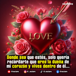 Un corazón rojo metálico brillante con la palabra "LOVE" en letras doradas mayúsculas, atravesado en la esquina superior derecha por una flecha dorada de Cupido. La composición está rodeada de detalladas rosas rojas y brotes florales.