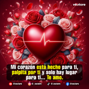 Un corazón rojo central que muestra una línea blanca de electrocardiograma o pulso cardíaco en medio. Está completamente rodeado por un frondoso ramo de rosas rojas y rosas de tonos suaves con hojas oscuras y un fondo texturizado.
