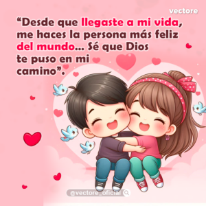 Dibujo animado de estilo chibi que muestra a un niño y una niña abrazados alegremente en el centro de un gran corazón rosa; a su alrededor vuelan pequeños pájaros azules y flotan corazones rojos sobre un fondo lila pastel.