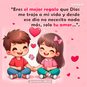 Ilustración infantil de estilo chibi donde un niño con polo rojo y una niña con blusa rosa y moño de lunares están sentados en el suelo tomados de la mano, sonriendo felices sobre un tierno fondo rosado con corazones flotantes.