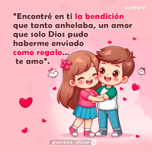 Dibujo tierno de una niña con un moño rosa y vestido rosa con azul abrazando cariñosamente a un niño con playera blanca y verde, mientras sonreirán alegres junto a dos pequeños pajaritos en un fondo rosa con corazones.