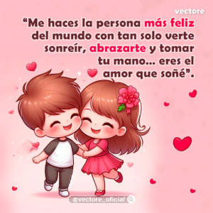 Arte digital romántico de un niño de estilo animado que sostiene la mano de una niña vestida con un tierno vestido rosa y una flor en el cabello, ambos caminando y sonriendo con las mejillas sonrojadas sobre un fondo rosa suave.