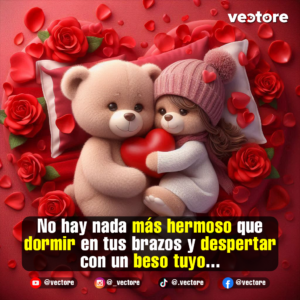Dos tiernos ositos de peluche abrazados sobre una almohada roja. Uno de ellos lleva un gorro de lana rosa con un pequeño corazón y juntos sostienen un corazón rojo central, rodeados por una corona de rosas rojas y pétalos.