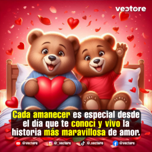 Ilustración digital y tierna de dos ositos de peluche de color marrón sentados juntos en una cama. El osito de la izquierda viste una pijama azul y sostiene un gran corazón rojo, mientras que el de la derecha lleva un polo rojo y saluda con la pata arriba. El fondo está decorado con una lluvia de pétalos y corazones flotantes sobre tonos rojizos.