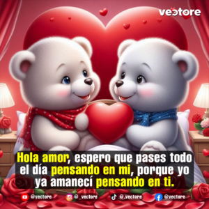 Ilustración romántica en una habitación de dos tiernos ositos de peluche blancos o polares sentados en una cama compartiendo un corazón rojo. El osito de la izquierda lleva una bufanda roja con lunares blancos y el de la derecha una bufanda azul con lunares celestes. De fondo destaca un gran corazón rojo iluminado por lámparas de noche y rosas rojas en primer plano.