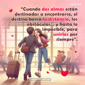 Ilustración de estilo anime de una pareja joven que se reencuentra con alegría corriendo el uno hacia el otro en la sala de espera de un aeropuerto o estación de tren, con el hombre jalando una maleta de viaje de color marrón.