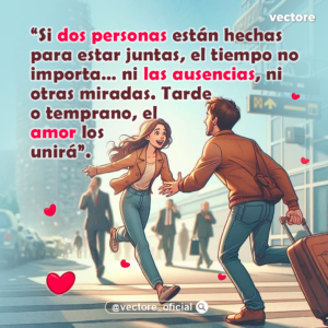 Dibujo romántico de una pareja joven que corre entusiasmada para abrazarse en un paso peatonal de la ciudad con edificios al fondo, mientras el hombre lleva una maleta con ruedas y corazones rojos flotan a su alrededor.