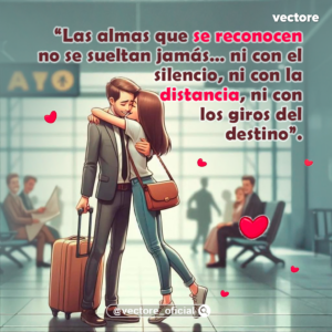 Ilustración de estilo anime que muestra a una pareja abrazándose tiernamente y dándose un beso en la mejilla en la terminal de un aeropuerto, junto a una maleta de viaje color naranja y pequeños corazones rojos flotando a su alrededor.