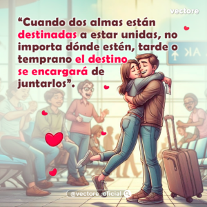Dibujo romántico en estilo caricatura de un hombre y una mujer abrazándose con gran emoción y felicidad en una sala de espera repleta de pasajeros, acompañados por una maleta con ruedas en primer plano.